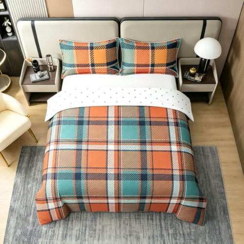 Orange White Autumn Grid Queen Duvet Cover Set Gingham Plaid Geometric