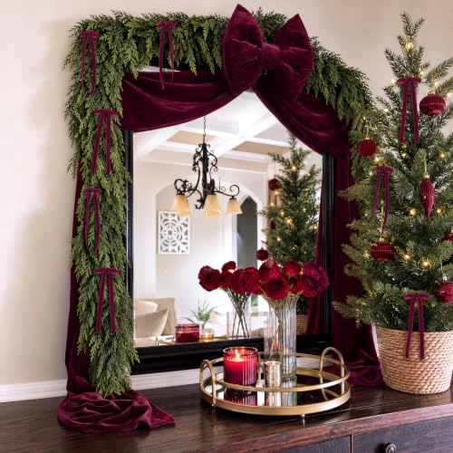 Burgundy Velvet Bow Christmas Tree Topper Set with 12 Small Bows - 8.2ft Large
