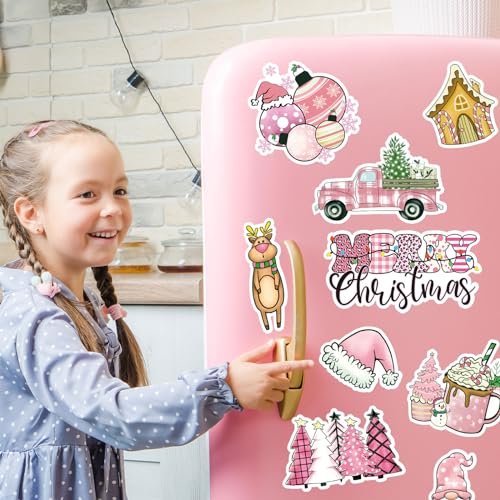 Christmas Refrigerator Magnets Set - Pink Santa Snowman Holiday Decor - 14 Pieces