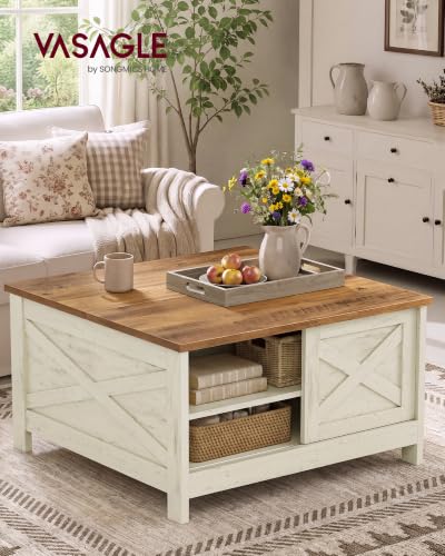 Farmhouse Coffee Table with Storage & Lift Top - Rustic White + Honey Brown, 31.5 Inch