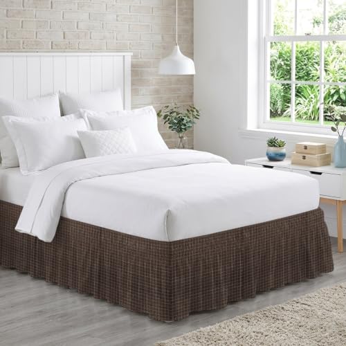 Queen Size Adjustable Buffalo Plaid Bed Skirt 16 Inch Drop - Cocoa