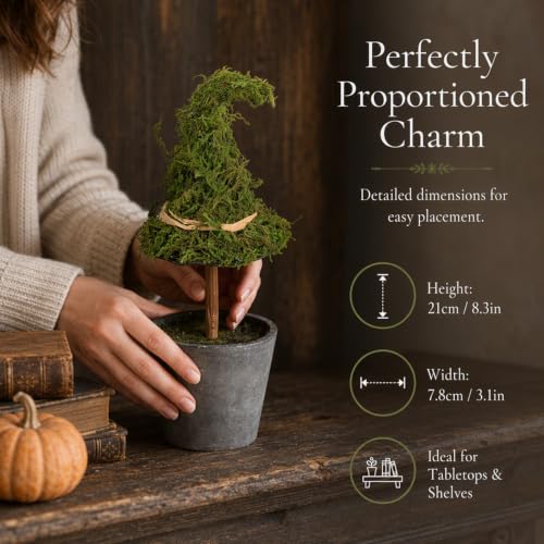 Grey Halloween Witch Hat Topiary Plant with Pot - Artificial Moss Decor