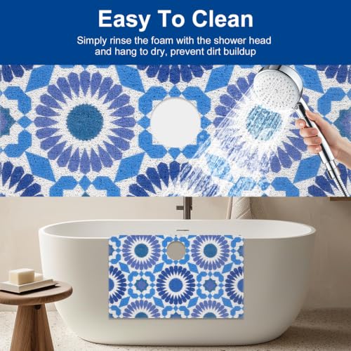 Blue Pattern Square Shower Mat Non Slip 24x24 Inch with Drain Hole - Loofah Surface