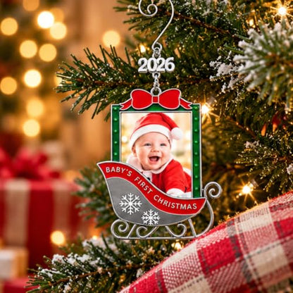 Baby's 1st Christmas Photo Ornament Set of 2 - 2026 Keepsake Sleigh Decorations with Personalizable Photo Slots