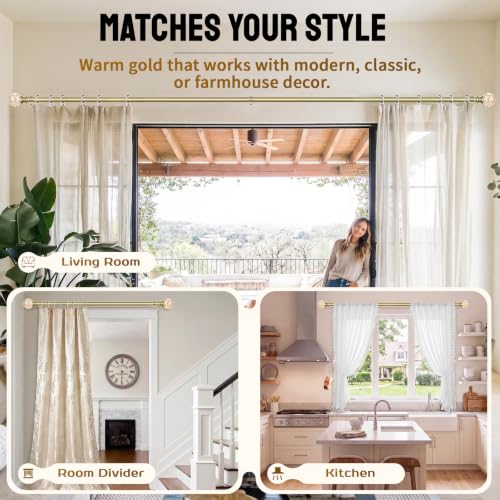Gold Curtain Rods 36-88 Inch Adjustable Window Treatment Rods with Crystal Finials
