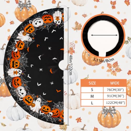 Halloween Tree Skirt 48 Inch Short Plush Pumpkin & Spider Web Design with Variation Black Pumpkin Face