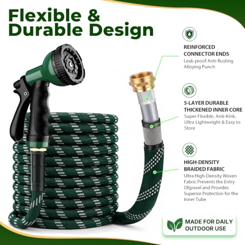 Dark Green 100 ft Upgraded Kink-Free Flexible Garden Hose with 10 Pattern Spray Nozzle