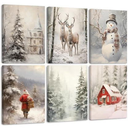 Snowman Wall Art Canvas Prints - Winter Holiday Home Decor - 8x10 Inches - Set of 6