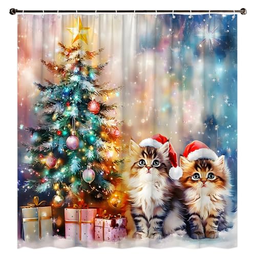 Christmas Shower Curtain 70x70 Inches Holiday Cats & Winter Scene Polyester - Variation of THIS listing