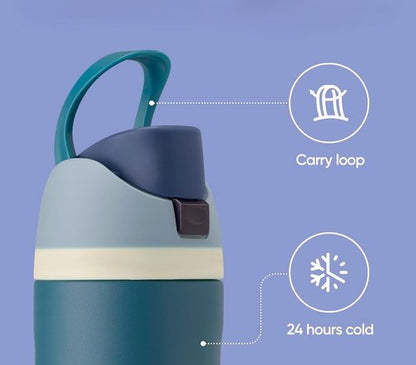 Insulated Water Bottle 24 oz - Stainless Steel, Double Wall Vacuum Flask, Push-Button Lid, Leak-Proof, Cold 24 Hrs, Blue Travel Bottle for Gym, Office