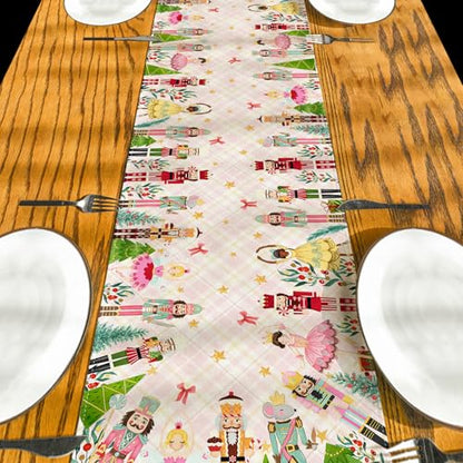 Christmas Table Runner 13x90 Inches - Pink, Nutcracker Holiday Decor