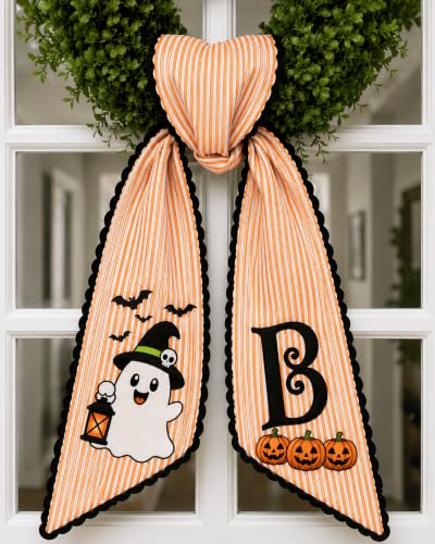 Halloween Ghost and Bat Embroidered Wreath Sash - A0 Variation