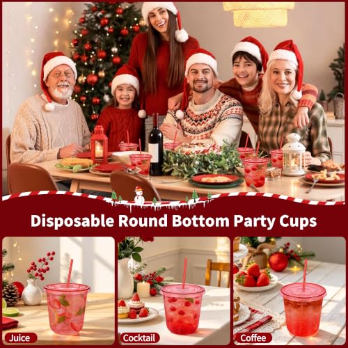 Red Disposable Party Cups with Lids & Straws 50 Pack - 12oz