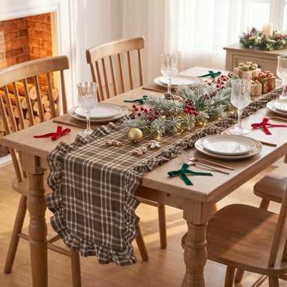 Fall Brown Gingham Table Runner Brown White Plaid Ruffle - 14x72 Inches, Cotton, Elegant Home Decor