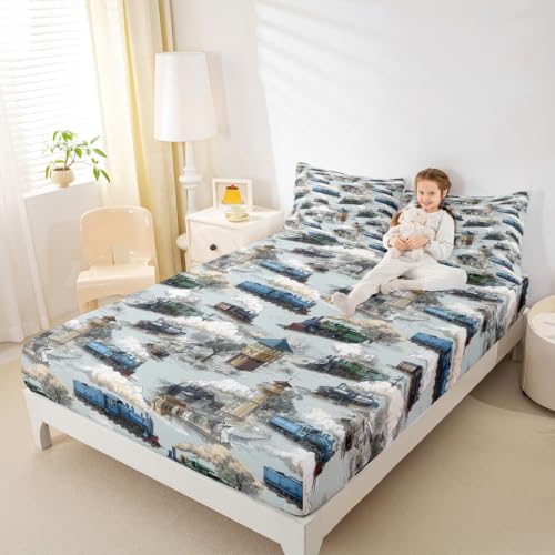 Vintage Steam Engine Twin Fitted Sheet Set for Kids - Gray Blue, Deep Pocket 2Pcs with Pillowcase
