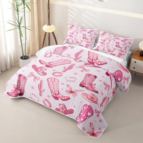 Pink Cowgirl Quilt Set with Western Cactus and Bowknot Design - Full Size Bedding for Boys Girls - Baby Pink Variation