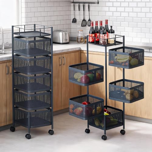 Black 5-Tier Metal Mesh Kitchen Storage Cart with Rotating Baskets & Wheels