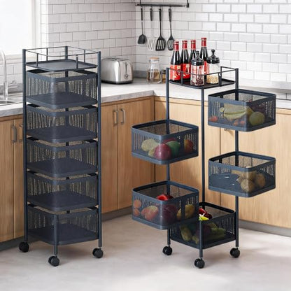 Black 5-Tier Metal Mesh Kitchen Storage Cart with Rotating Baskets & Wheels