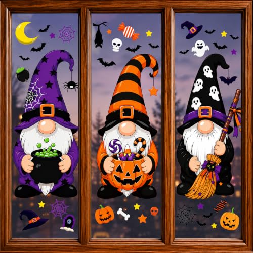 Giant Halloween Gnome Window Clings Set - Double Sided Decor for Glass