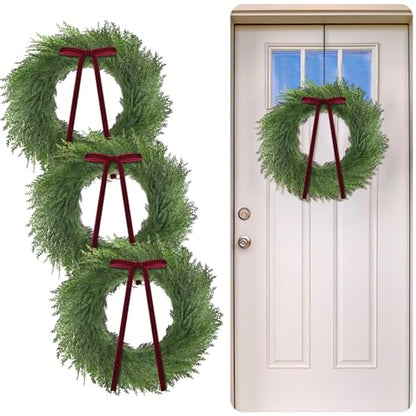 Christmas Cedar Wreath Set - 20 Inch with Red Ribbon Bow - Pack of 3