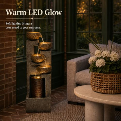 Sunroom Floor Fountain 43.7 in with 4-Bowl Cascade & Warm LED Light Gray Brown Variation