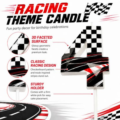 Black White Racing Car Themed Number 4 Birthday Candle - Cake Topper