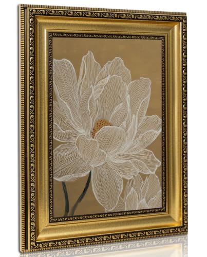 White Lotus Line Wall Art - Neutral Floral Painting with Gold Frame - 11x9