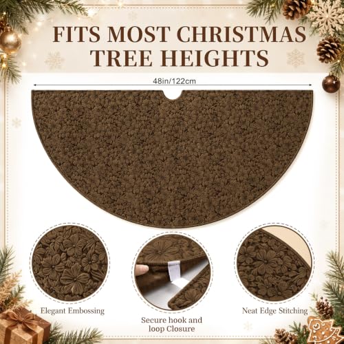 Christmas Embossing Tree Skirt Rug 48 Inch Brown with Floral Pattern - Chocolate Brown