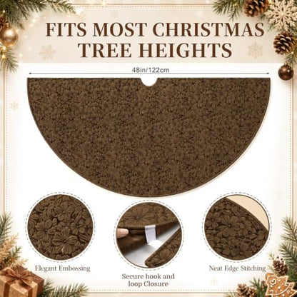 Christmas Embossing Tree Skirt Rug 48 Inch Brown with Floral Pattern - Chocolate Brown