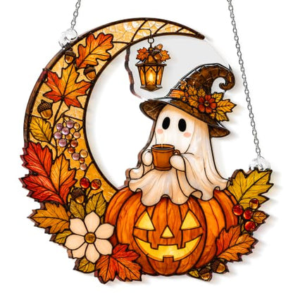 Halloween Ghost Pumpkin Ornament - Witchy Stained Glass Suncatcher, Fall Decor, Pumpkin Variation