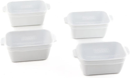 Souper Cubes Stoneware Baking Dishes - Premium Mini Ceramic Oven Dishes with Silicone Covers, Set of 4 | 5" x 3", Made in USA - White