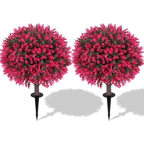 Artificial Eucalyptus Topiary Ball Trees Set of 2 - 24 Inch with Ground Spikes - Faux Garden Decor