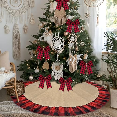 48 Inch Buffalo Plaid Burlap Tree Skirt with Ruffle - Rustic Farmhouse Christmas Decor