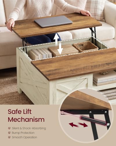Farmhouse Coffee Table with Storage & Lift Top - Rustic White + Honey Brown, 31.5 Inch