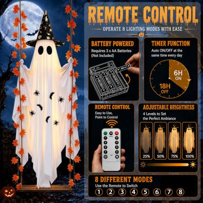 Large Outdoor Hanging Ghost Decor with Witch Hat & LED Lights - 5.4FT Halloween Yard & Porch Decoration