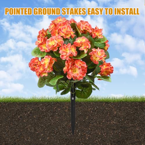 Artificial Geranium Flowers with Ground Stakes - UV Resistant Outdoor & Indoor Decor - 2 Pack