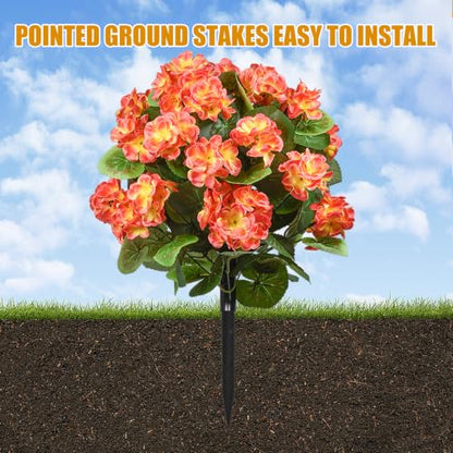 Artificial Geranium Flowers with Ground Stakes - UV Resistant Outdoor & Indoor Decor - 2 Pack
