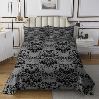 Black Damask Skull Bedspread Quilt Set King Size with Pillowcases - Gothic Vintage Style