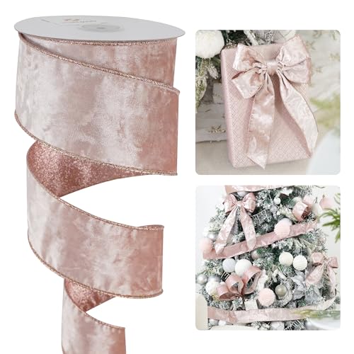 Rose Gold Velvet Wired Ribbon 2.5 Inch x 10 Yards - Christmas Decor, Bows & Wreaths