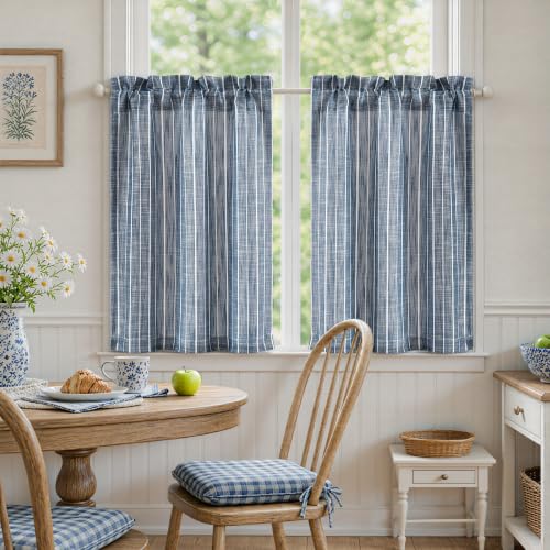 Hygge Navy Striped Tier Kitchen Curtains 26W x 36L, Set of 2