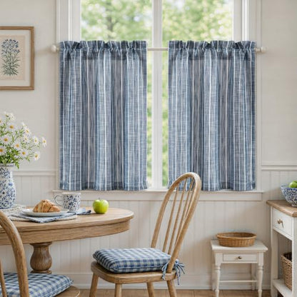 Hygge Navy Striped Tier Kitchen Curtains 26W x 36L, Set of 2