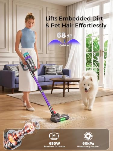 Purple Cordless Vacuum Cleaner for Home with 650W 60KPa Suction, Up to 75 Min Runtime
