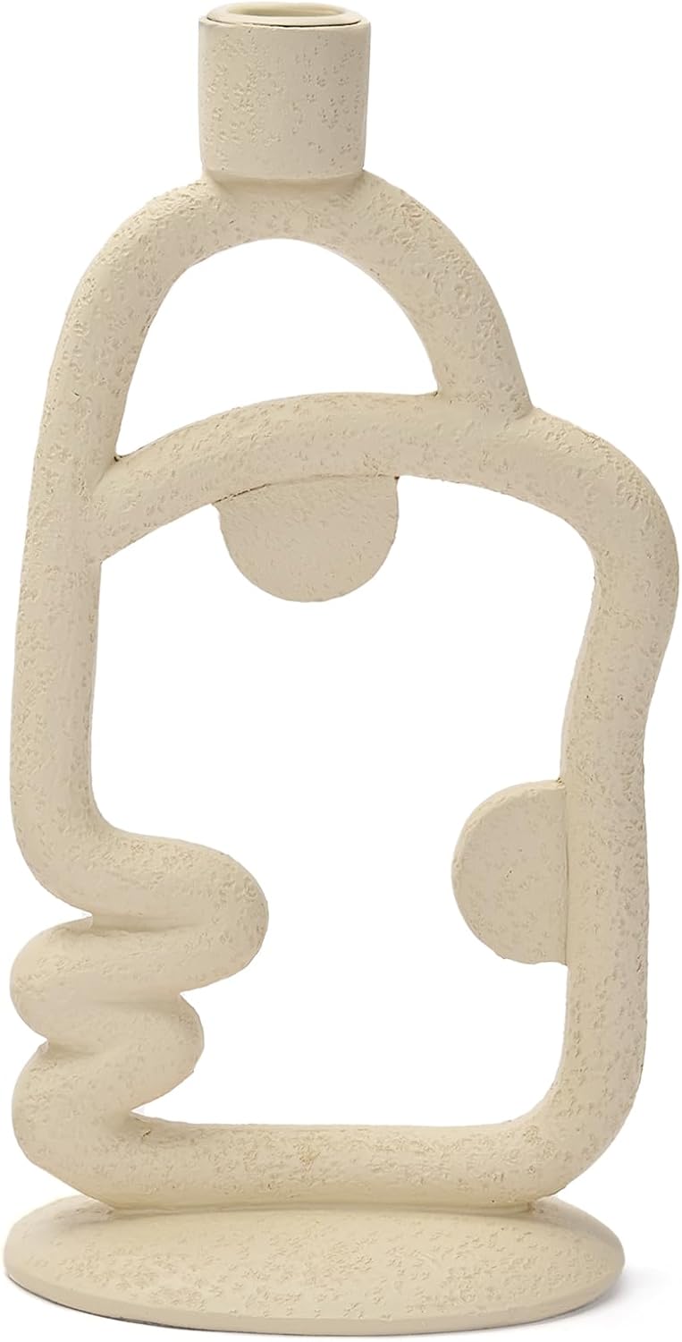 Skiennix Face Decorative Taper Candle Holder - Modern Abstract Design | Beige Tall Centerpiece Decor
