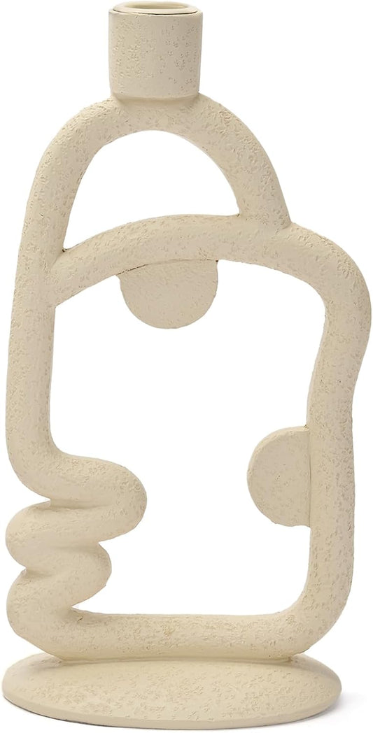 Skiennix Face Decorative Taper Candle Holder - Modern Abstract Design | Beige Tall Centerpiece Decor