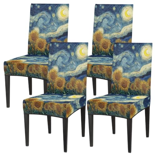 Sunflowers Swirly Moon Print Dining Chair Covers Set of 4 - Removable Washable Stretch Slipcovers for Kitchen