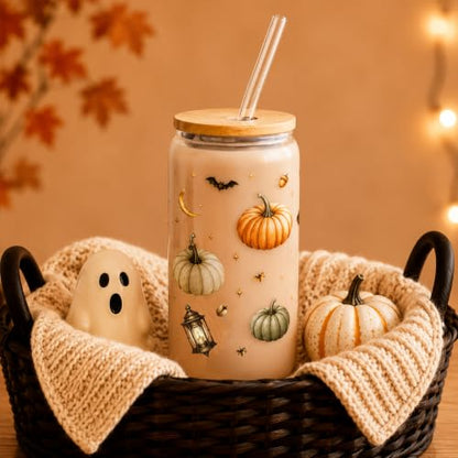 Fall Pumpkin Glass Cup with Lid & Straw - Halloween Gift for Women & Teens