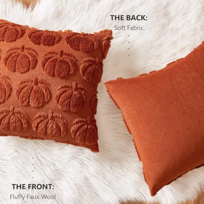 Fall Pumpkin Plush Throw Pillow Covers 18x18 Set of 2 - Rust, Autumn Decor