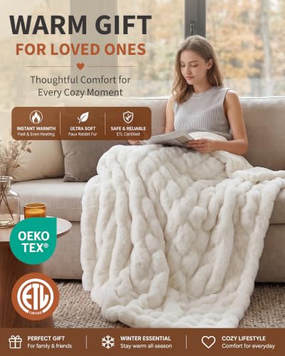 Garvee Bubble White Faux Fur Heated Throw Blanket 50x60 inches with 10 Heat Settings
