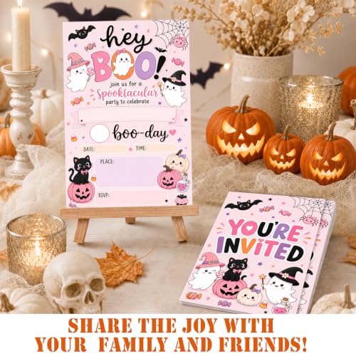Pink Boo Ghost Halloween Birthday Party Invitations - 20 Pack with Envelopes