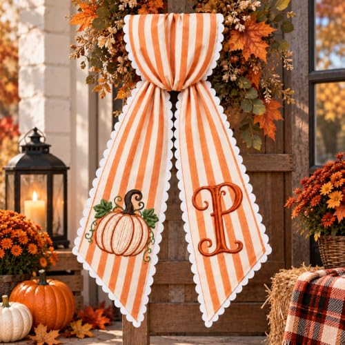 Personalized Fall Wreath Sash with Pumpkin & Monogram New2 - Autumn Front Door Decor